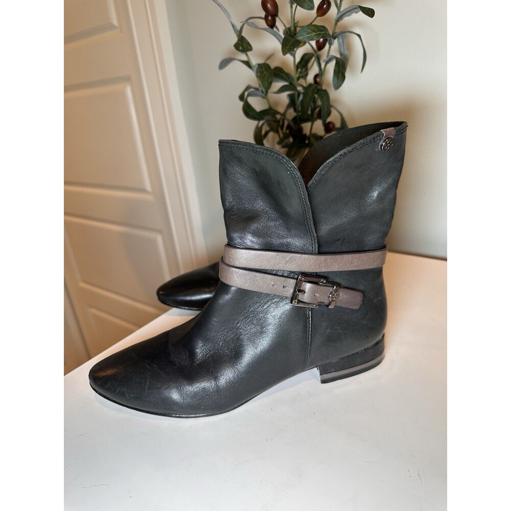 BCBG Max Azria Black Fold-over Leather Buckle Ankle Moto Boots Size 6 B / 36